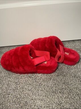 UGG Red Quilted Faux-Fur Slide Sandals
